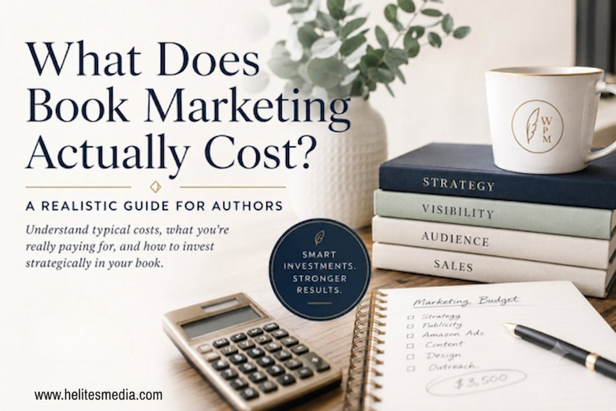 A calm desk with a calculator, notebook labelled Marketing Budget and a stack of books, with the article title over it