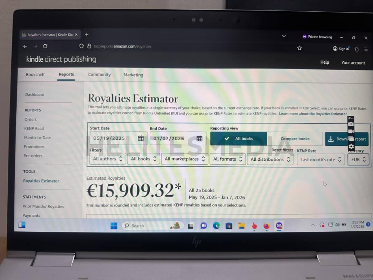 Amazon KDP royalties screenshot showing €15,909.32
